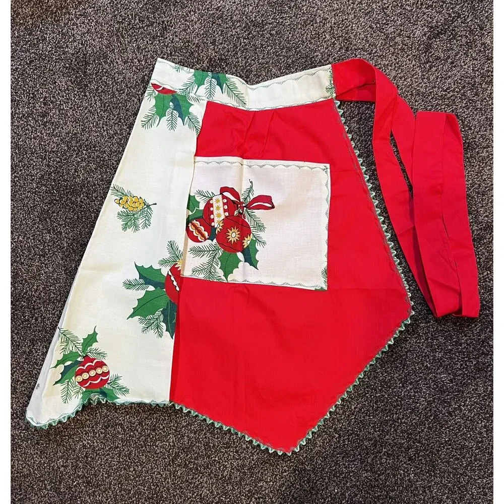 Vintage Christmas Half-Apron MCM Holiday Hostess Bright Cheerful Santa Holly